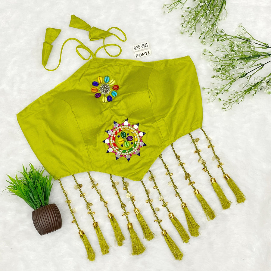 Navratri Halter Neck Bralette Blouse – Kodi & Mirror Work with Tassels (38"-44") - Des- 6923