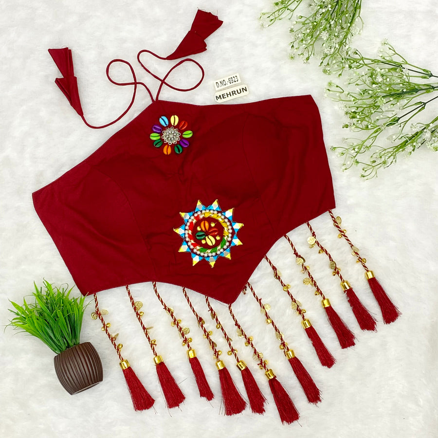Navratri Halter Neck Bralette Blouse – Kodi & Mirror Work with Tassels (38"-44") - Des- 6923
