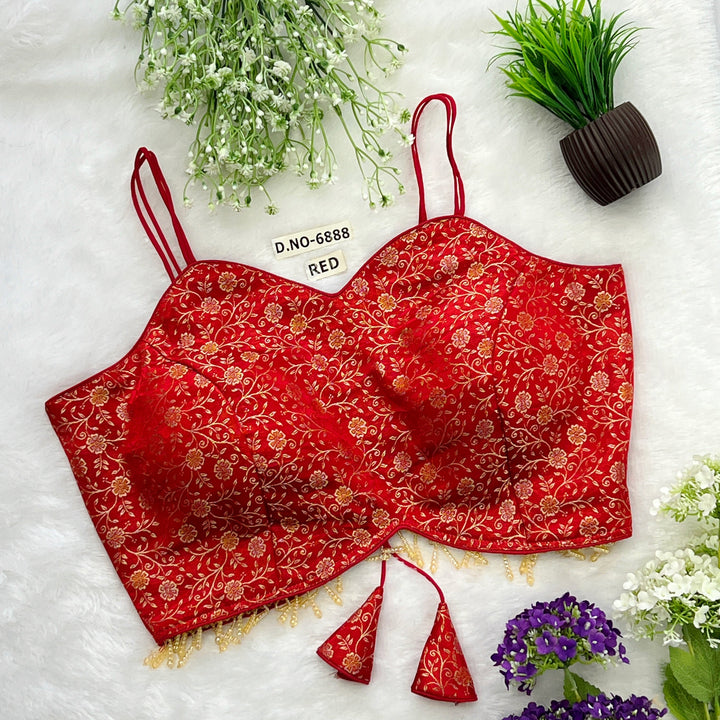 Banarasi Silk Noodle Strap Free Size Blouse – Sweetheart Neck - Des- 6888