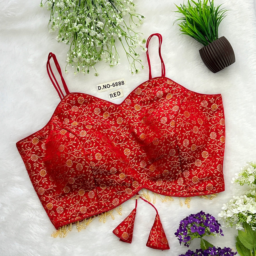 Banarasi Silk Noodle Strap Free Size Blouse – Sweetheart Neck - Des- 6888
