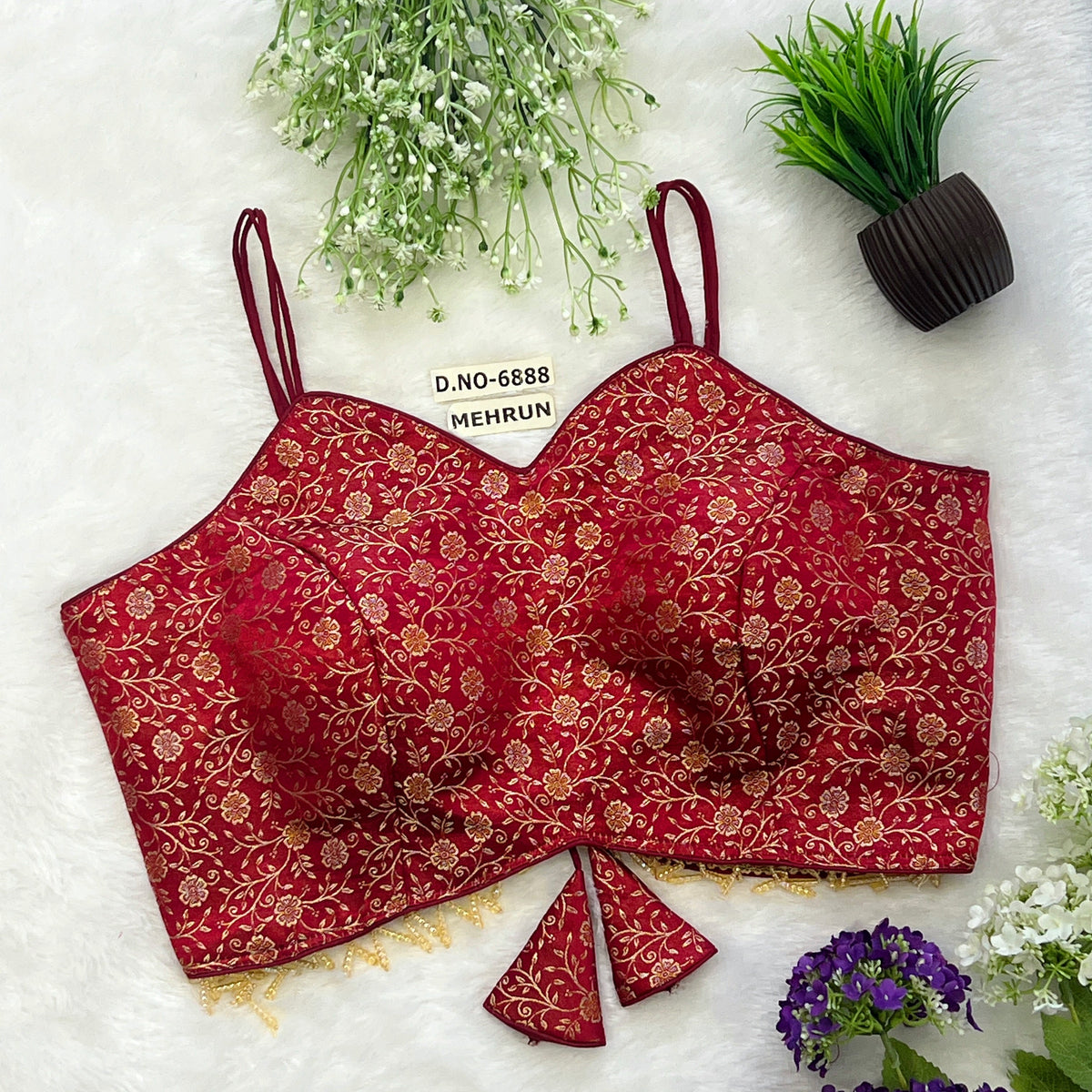 Banarasi Silk Noodle Strap Free Size Blouse – Sweetheart Neck - Des- 6888