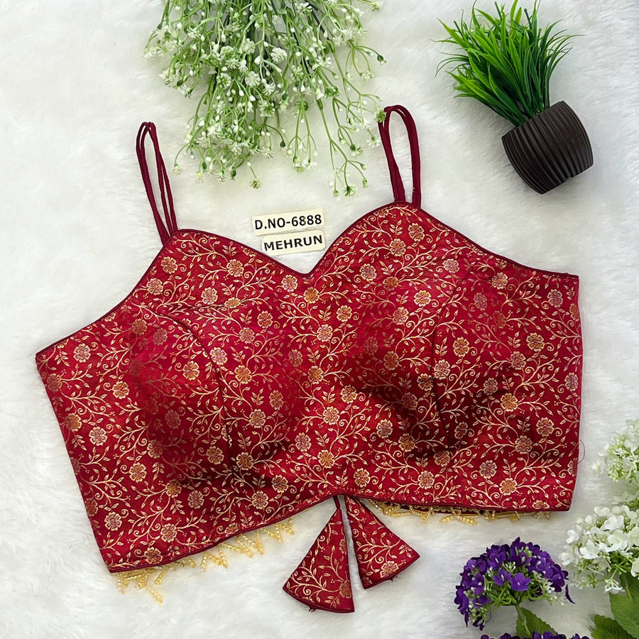 Banarasi Silk Noodle Strap Free Size Blouse – Sweetheart Neck - Des- 6888