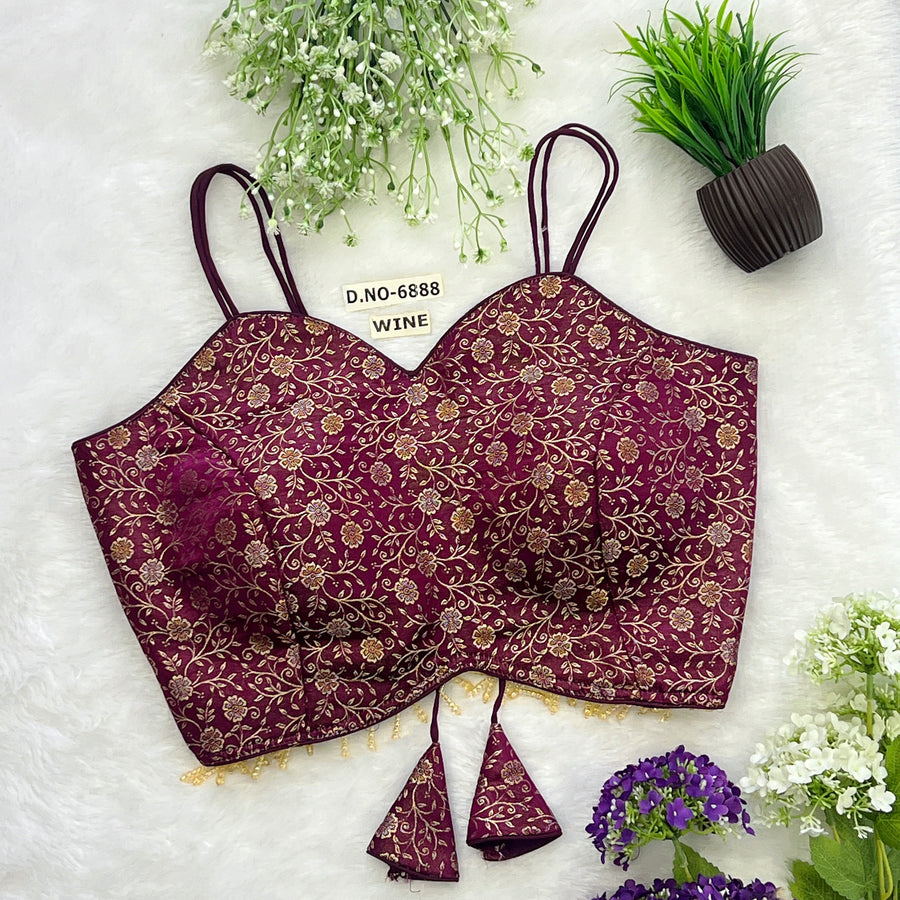 Banarasi Silk Noodle Strap Free Size Blouse – Sweetheart Neck - Des- 6888