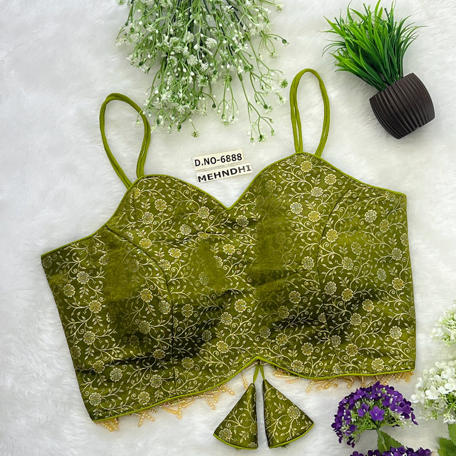 Banarasi Silk Noodle Strap Free Size Blouse – Sweetheart Neck - Des- 6888