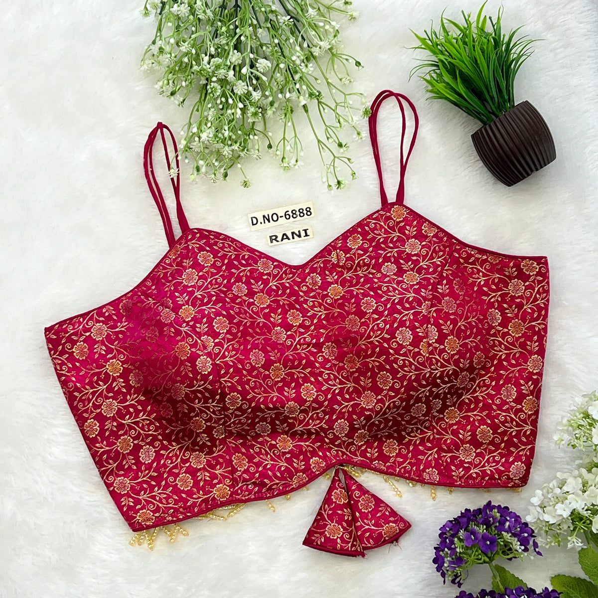 Banarasi Silk Noodle Strap Free Size Blouse – Sweetheart Neck - Des- 6888