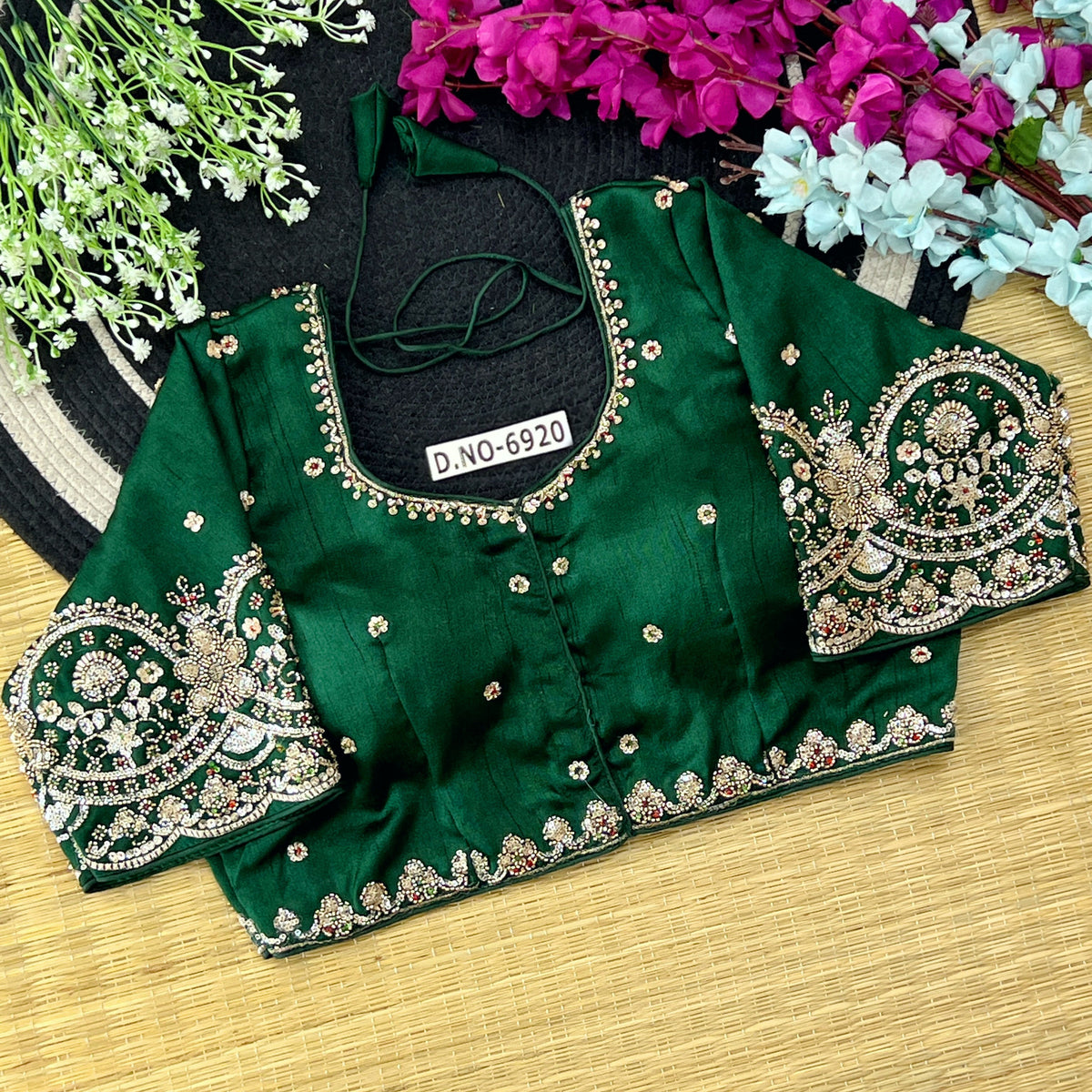 Italian Silk Round Neck Blouse – Beads Work, Elbow Sleeve, Front Open - Des- 6920