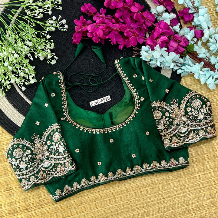 Italian Silk Round Neck Blouse – Beads Work, Elbow Sleeve, Front Open - Des- 6920