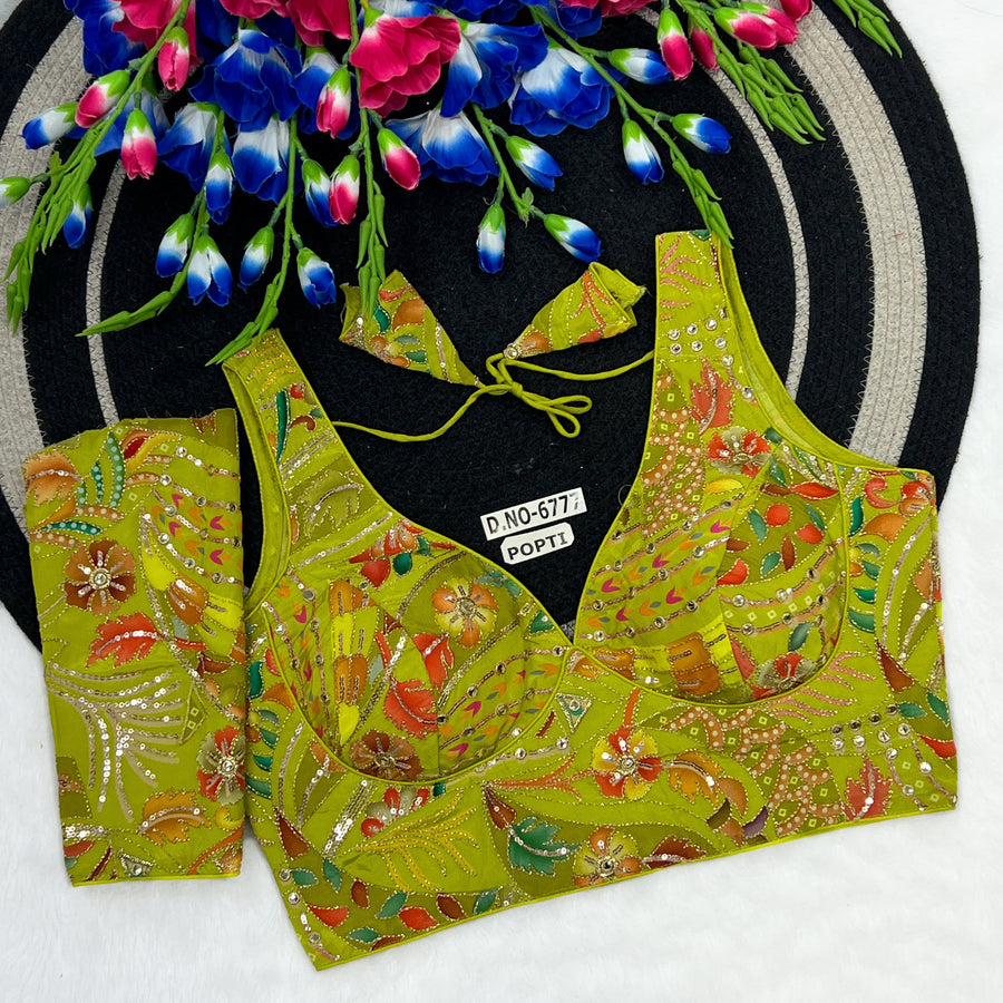 Crepe Viscose Position Print Blouse – Zari & Sequins Work, Detachable Elbow Sleeve - Des- 6777