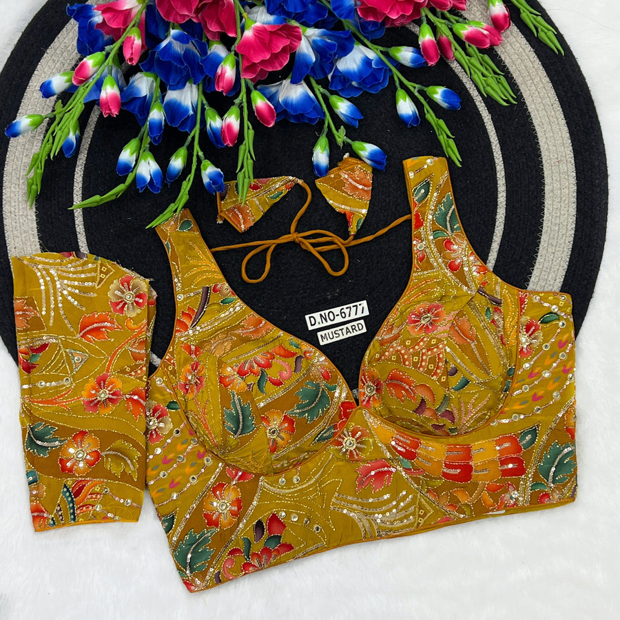 Crepe Viscose Position Print Blouse – Zari & Sequins Work, Detachable Elbow Sleeve - Des- 6777
