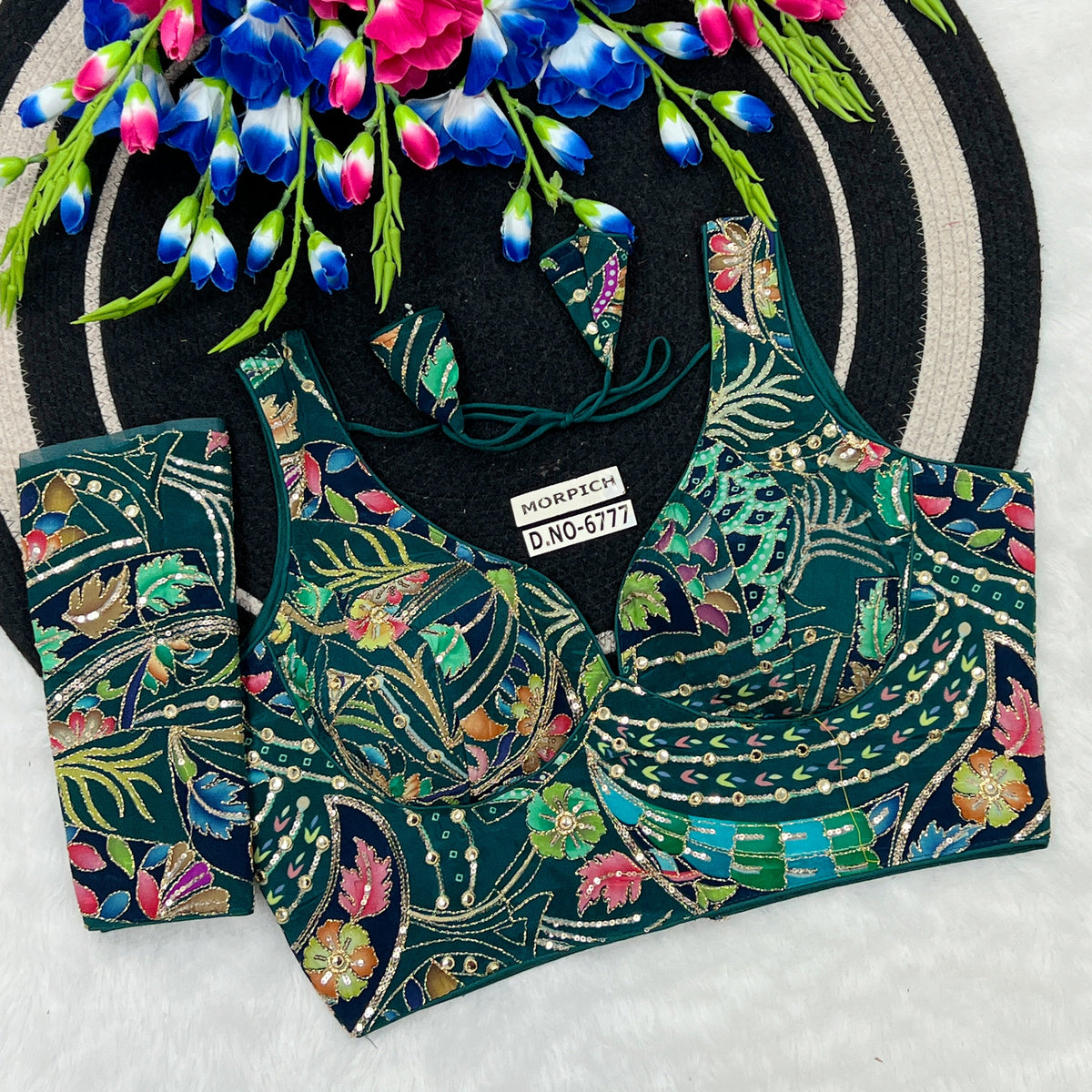 Crepe Viscose Position Print Blouse – Zari & Sequins Work, Detachable Elbow Sleeve - Des- 6777