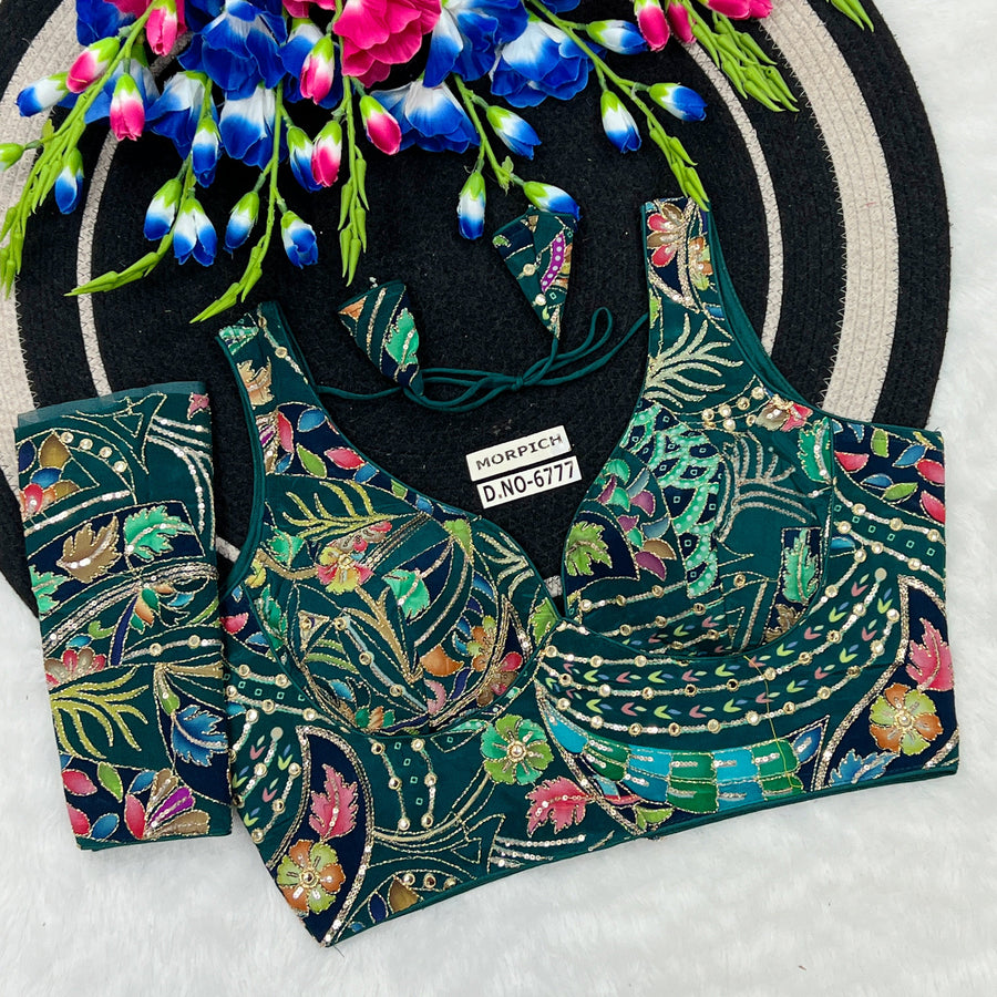 Crepe Viscose Position Print Blouse – Zari & Sequins Work, Detachable Elbow Sleeve - Des- 6777