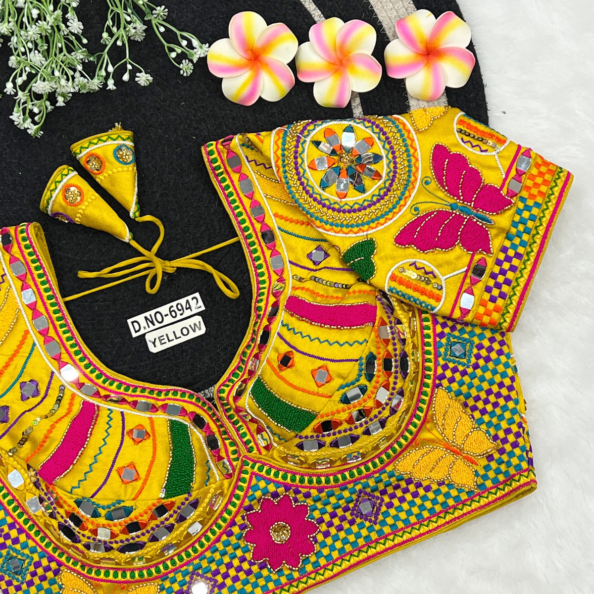 Italian Silk Navratri Sabyasachi-Style Blouse – Mirror & Beads Work, Elbow Sleeve - Des- 6942