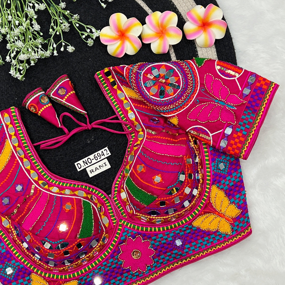 Italian Silk Navratri Sabyasachi-Style Blouse – Mirror & Beads Work, Elbow Sleeve - Des- 6942
