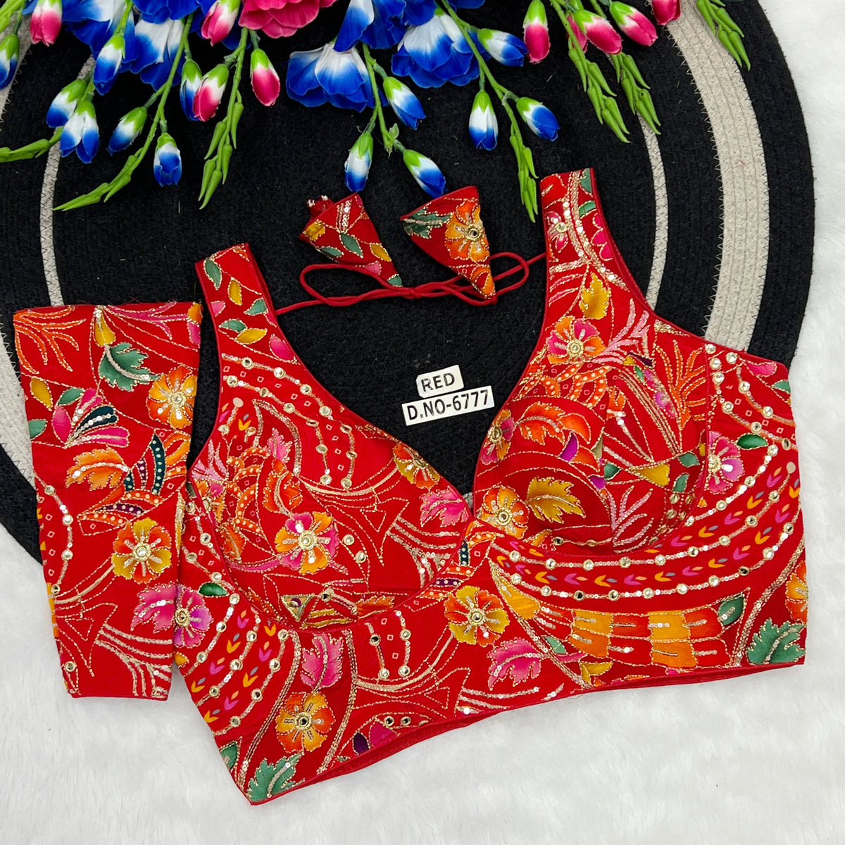 Crepe Viscose Position Print Blouse – Zari & Sequins Work, Detachable Elbow Sleeve - Des- 6777