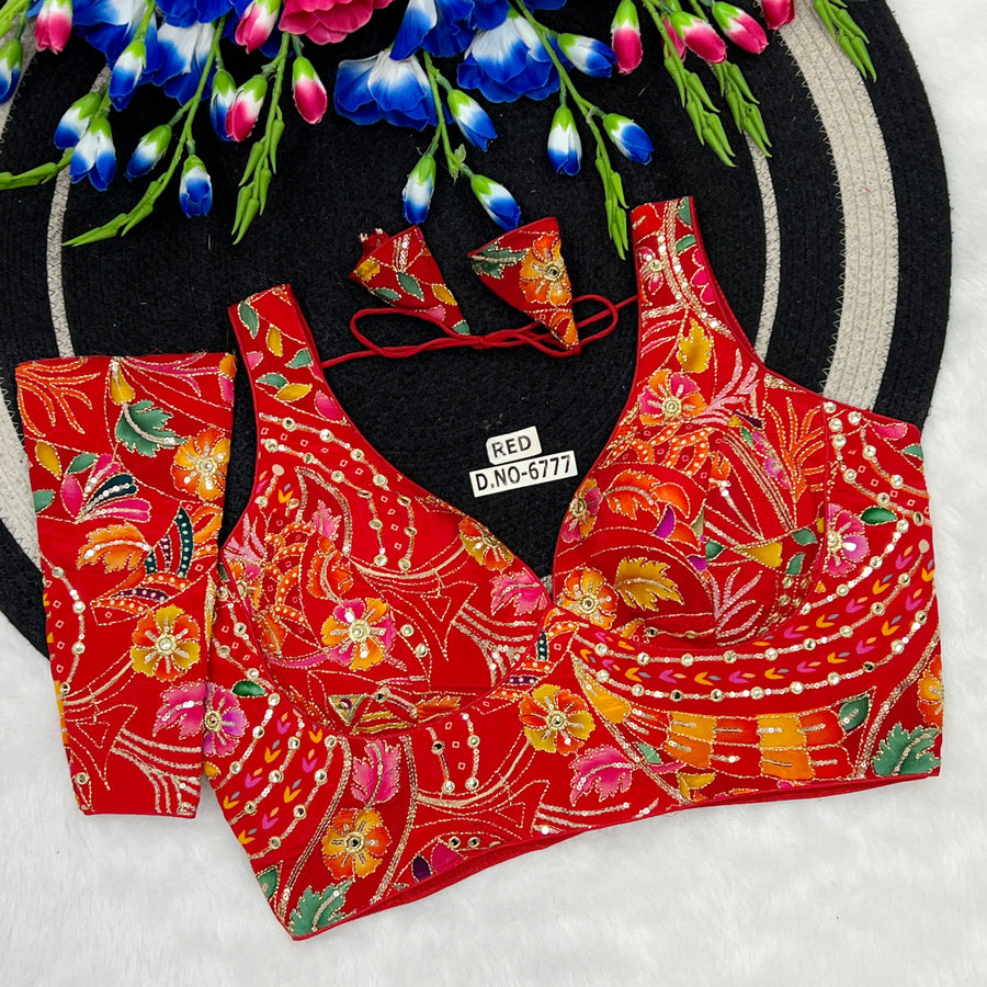 Crepe Viscose Position Print Blouse – Zari & Sequins Work, Detachable Elbow Sleeve - Des- 6777