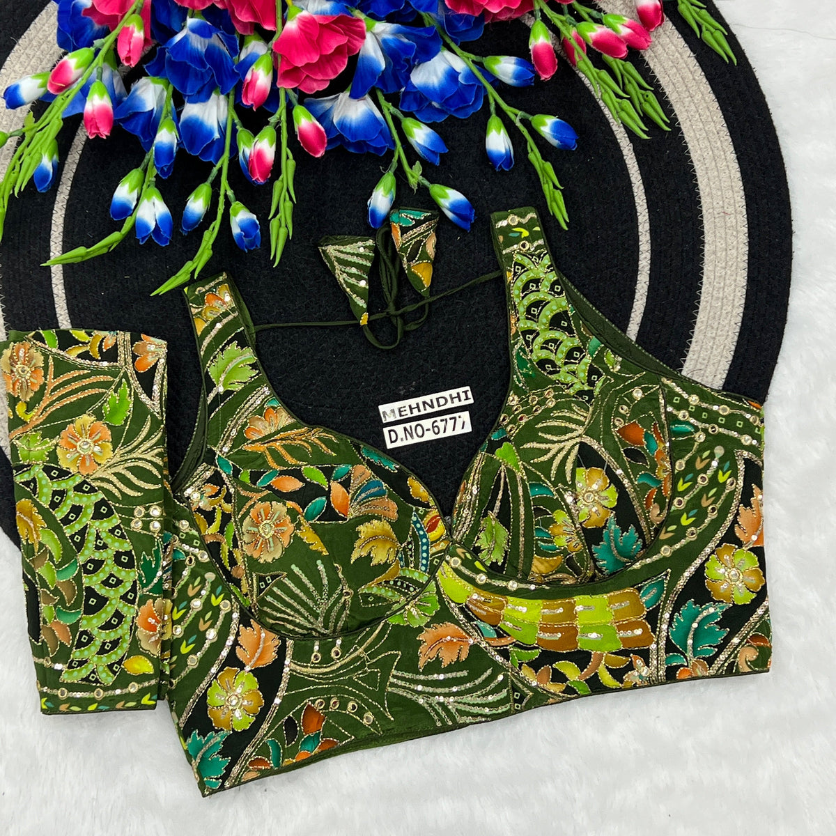 Crepe Viscose Position Print Blouse – Zari & Sequins Work, Detachable Elbow Sleeve - Des- 6777