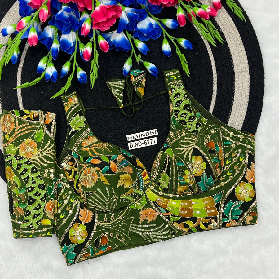Crepe Viscose Position Print Blouse – Zari & Sequins Work, Detachable Elbow Sleeve - Des- 6777