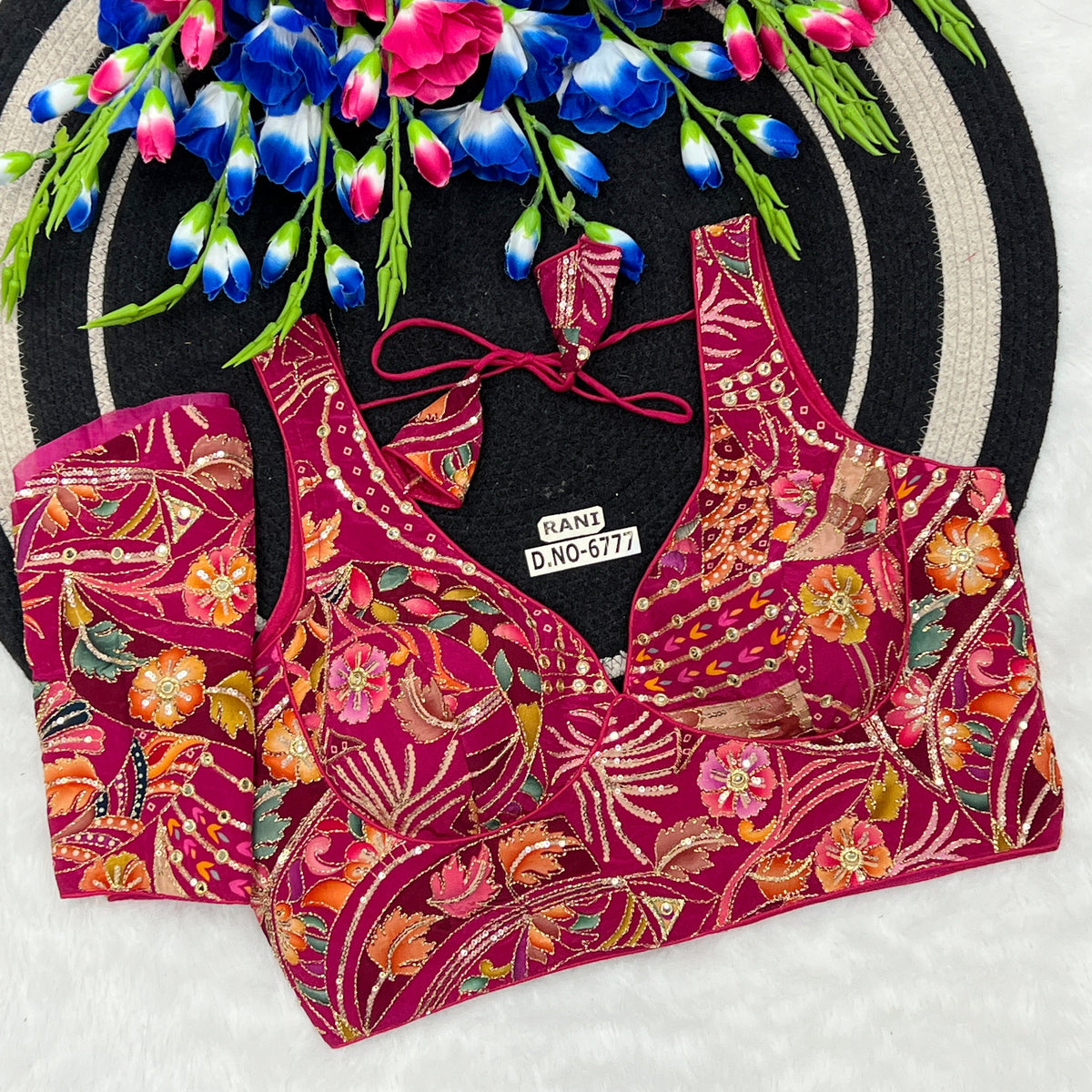Crepe Viscose Position Print Blouse – Zari & Sequins Work, Detachable Elbow Sleeve - Des- 6777