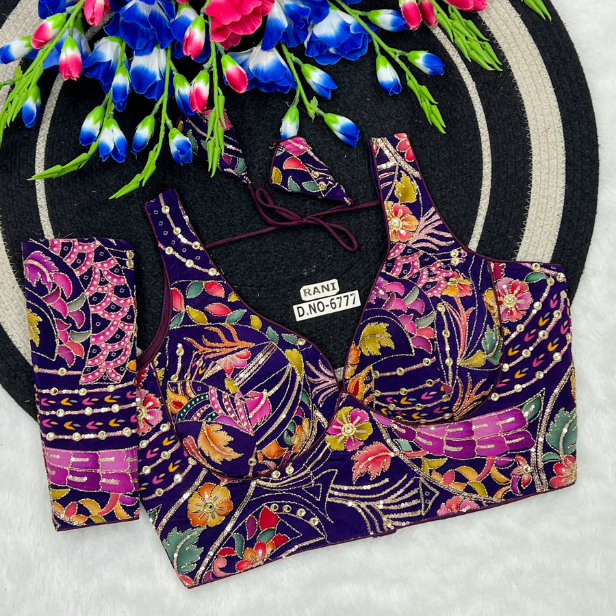 Crepe Viscose Position Print Blouse – Zari & Sequins Work, Detachable Elbow Sleeve - Des- 6777