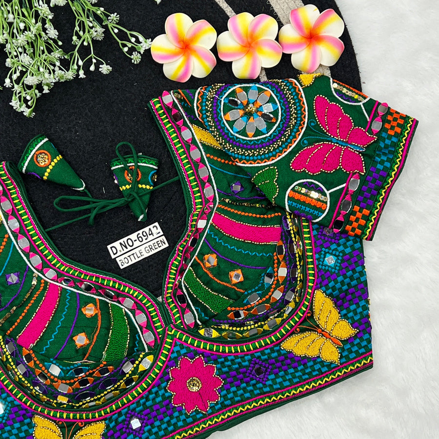 Italian Silk Navratri Sabyasachi-Style Blouse – Mirror & Beads Work, Elbow Sleeve - Des- 6942