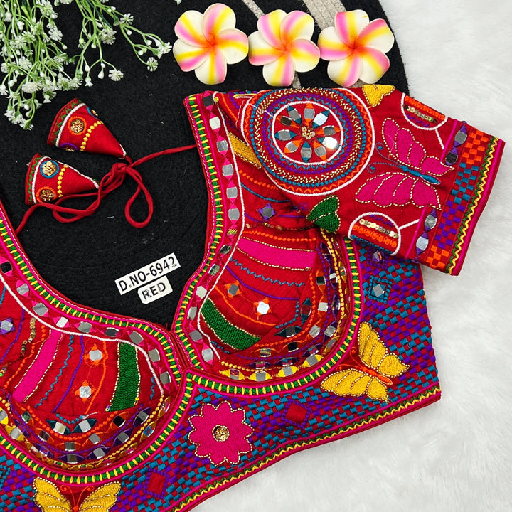 Italian Silk Navratri Sabyasachi-Style Blouse – Mirror & Beads Work, Elbow Sleeve - Des- 6942