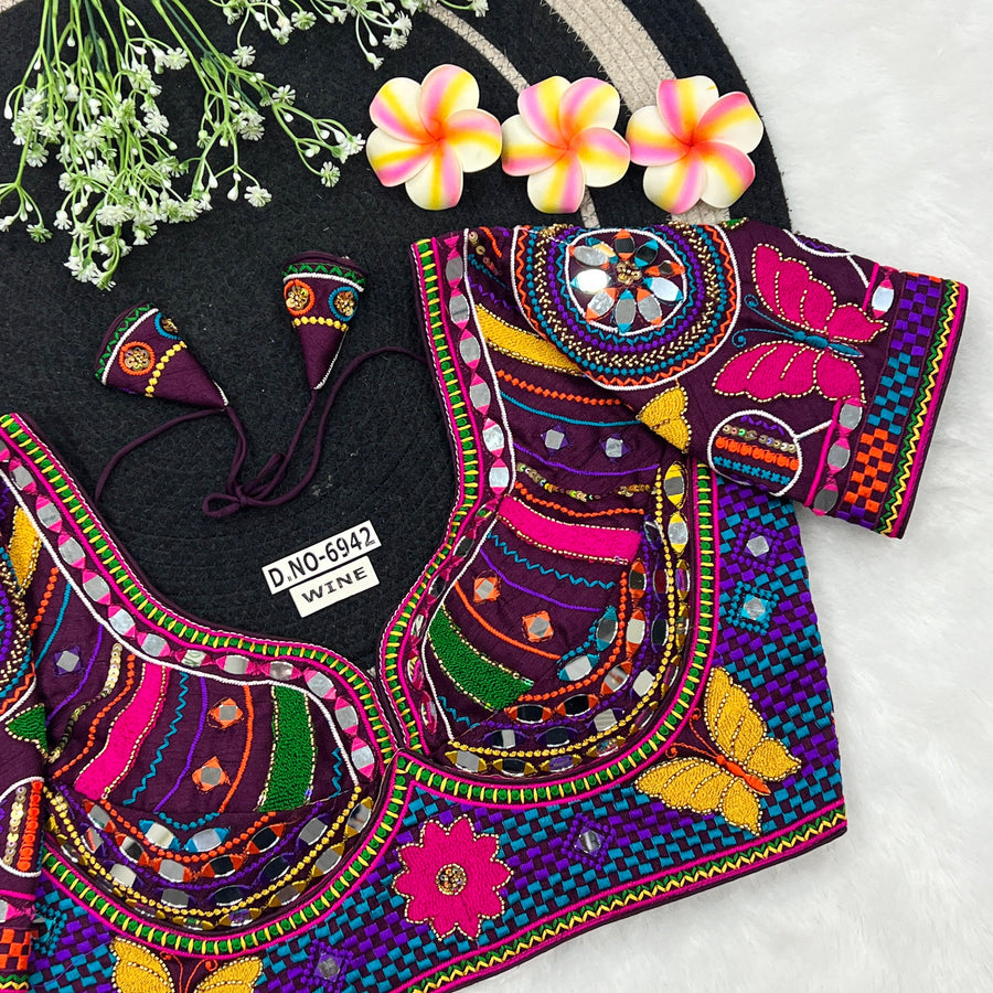 Italian Silk Navratri Sabyasachi-Style Blouse – Mirror & Beads Work, Elbow Sleeve - Des- 6942