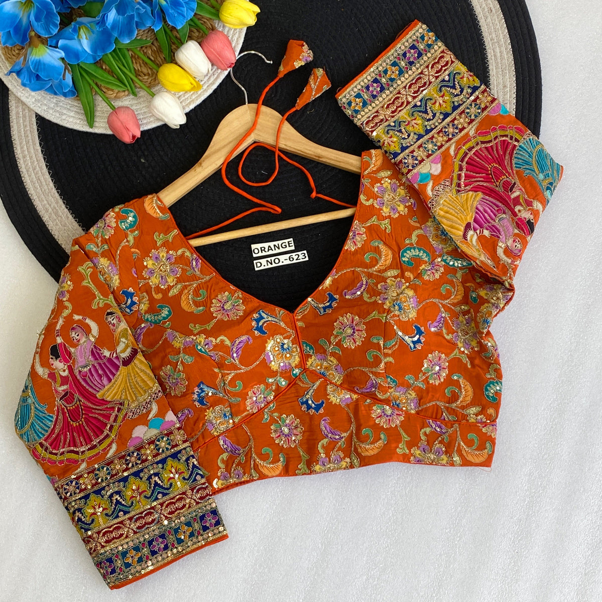Viscose Crepe Position Print Embroidered Blouse - Des- 623 – Peach – view 4