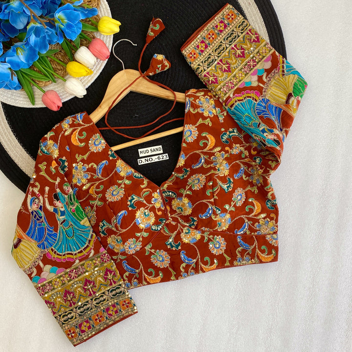 Vastrago Viscose Crepe Pojisan Print Embroidered Blouse Des- 623