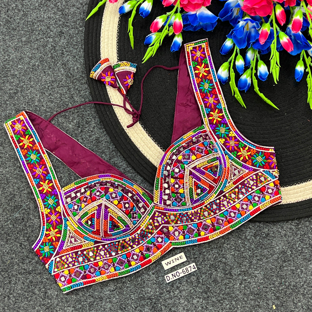 Navratri Designer Mirror, Codi & Zari Work Blouse – Corset-Style Spaghetti Strap, Deep Sweetheart Neck - Des- 6874