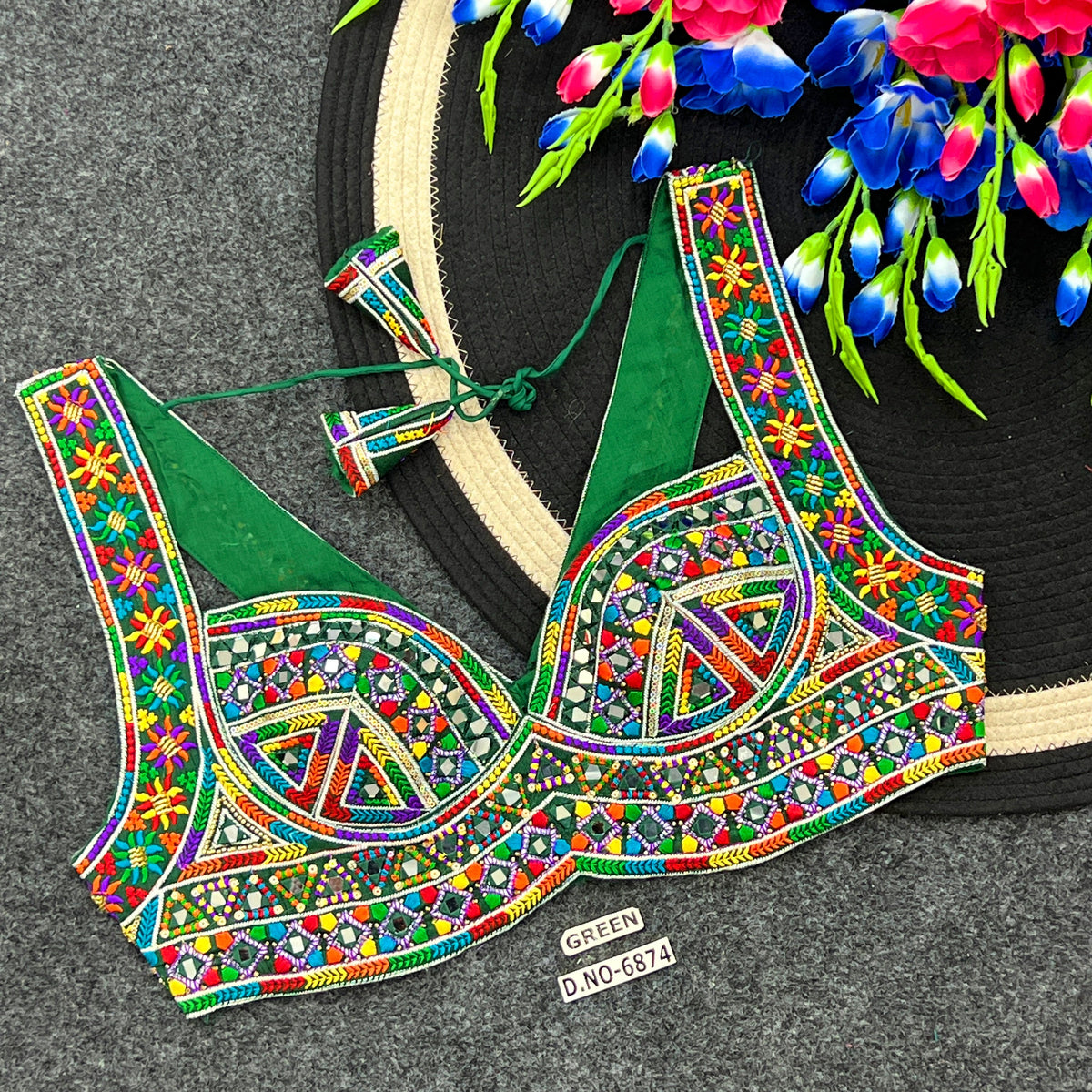 Navratri Designer Mirror, Codi & Zari Work Blouse – Corset-Style Spaghetti Strap, Deep Sweetheart Neck - Des- 6874