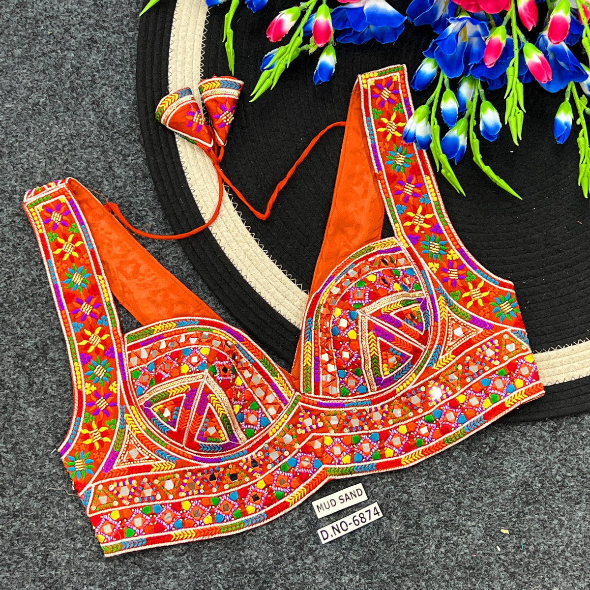Navratri Designer Mirror, Codi & Zari Work Blouse – Corset-Style Spaghetti Strap, Deep Sweetheart Neck - Des- 6874