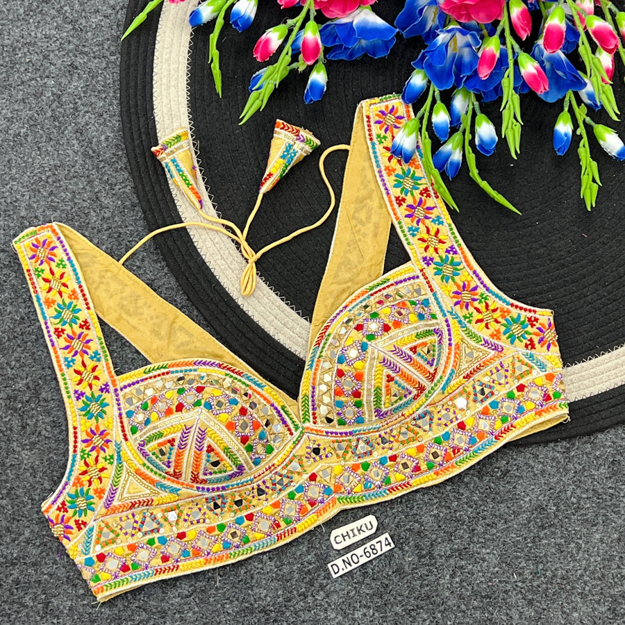 Navratri Designer Mirror, Codi & Zari Work Blouse – Corset-Style Spaghetti Strap, Deep Sweetheart Neck - Des- 6874