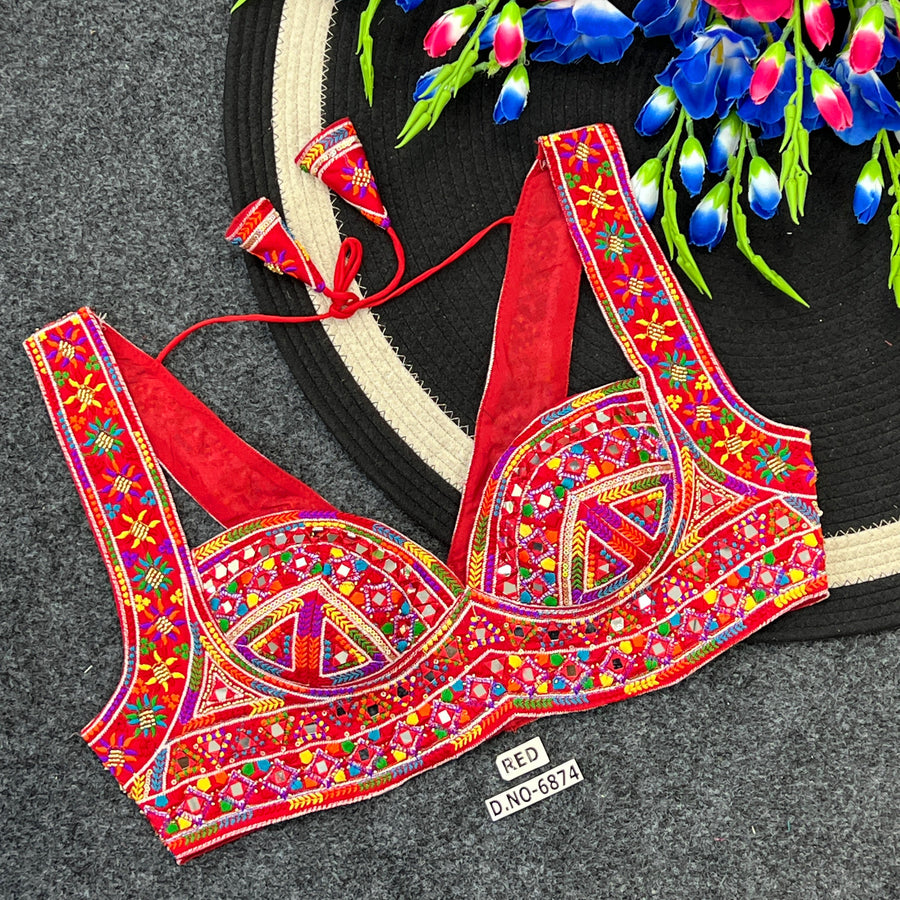 Navratri Designer Mirror, Codi & Zari Work Blouse – Corset-Style Spaghetti Strap, Deep Sweetheart Neck - Des- 6874