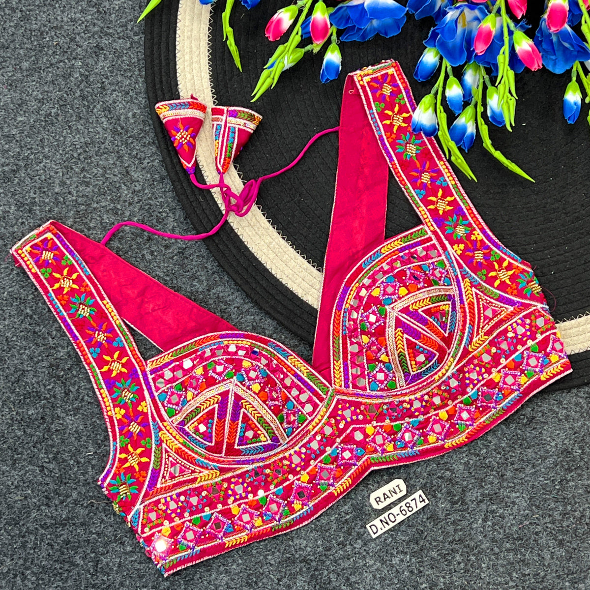 Navratri Designer Mirror, Codi & Zari Work Blouse – Corset-Style Spaghetti Strap, Deep Sweetheart Neck - Des- 6874
