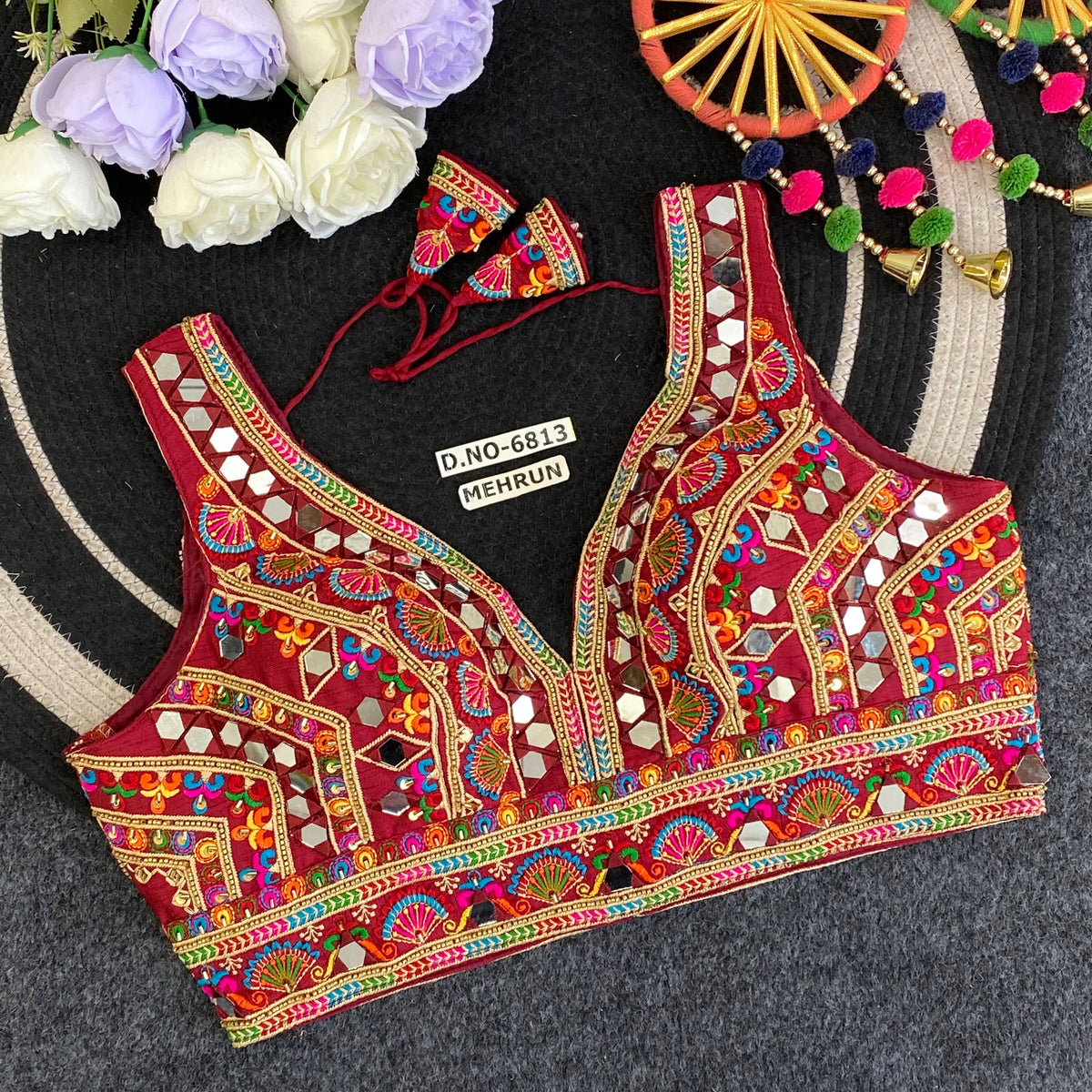 Navratri Mirror Work Convertible Sleeve Blouse - Des- 6813 – Pink – view 3