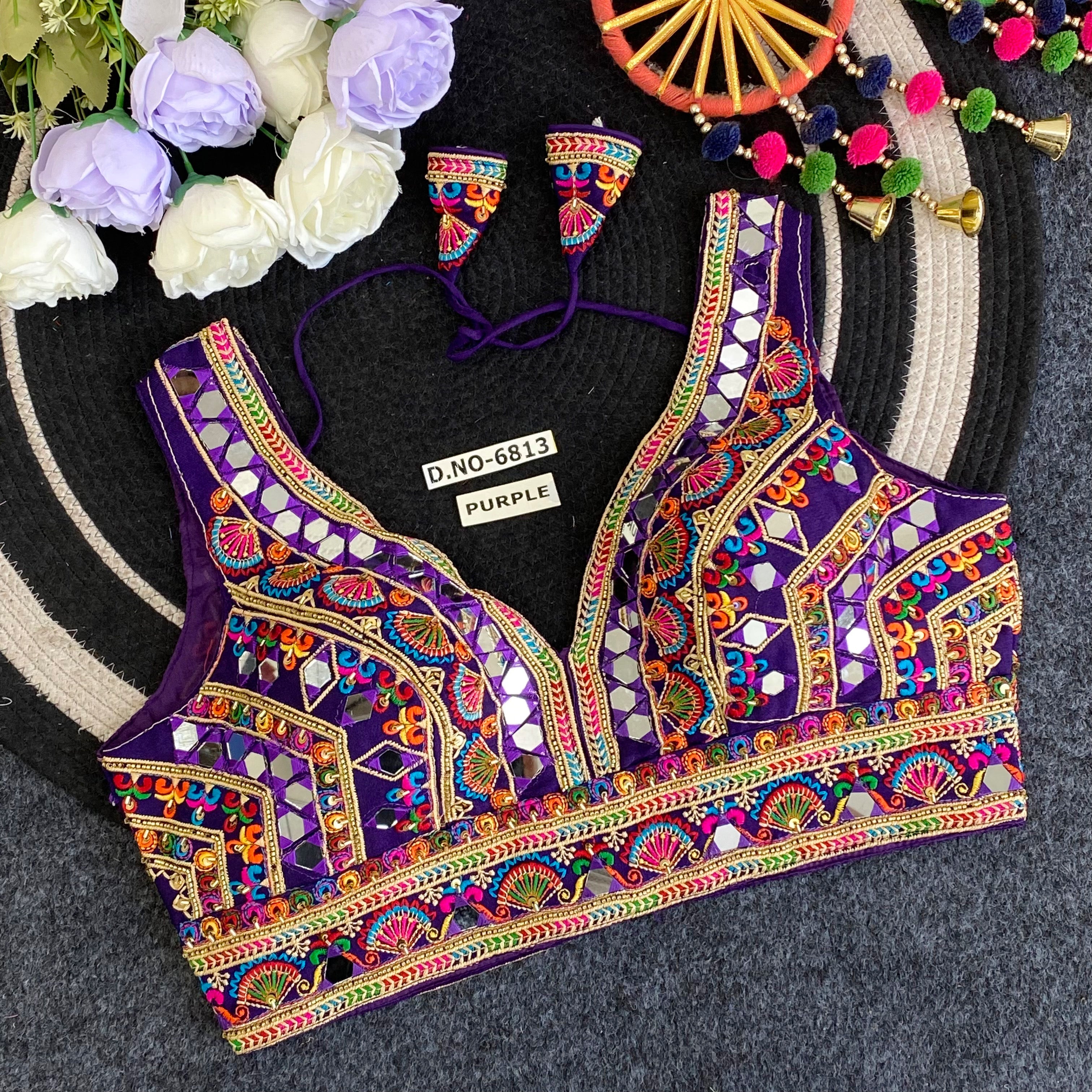 Navratri Mirror Work Convertible Sleeve Blouse - Des- 6813 – Purple – view 1