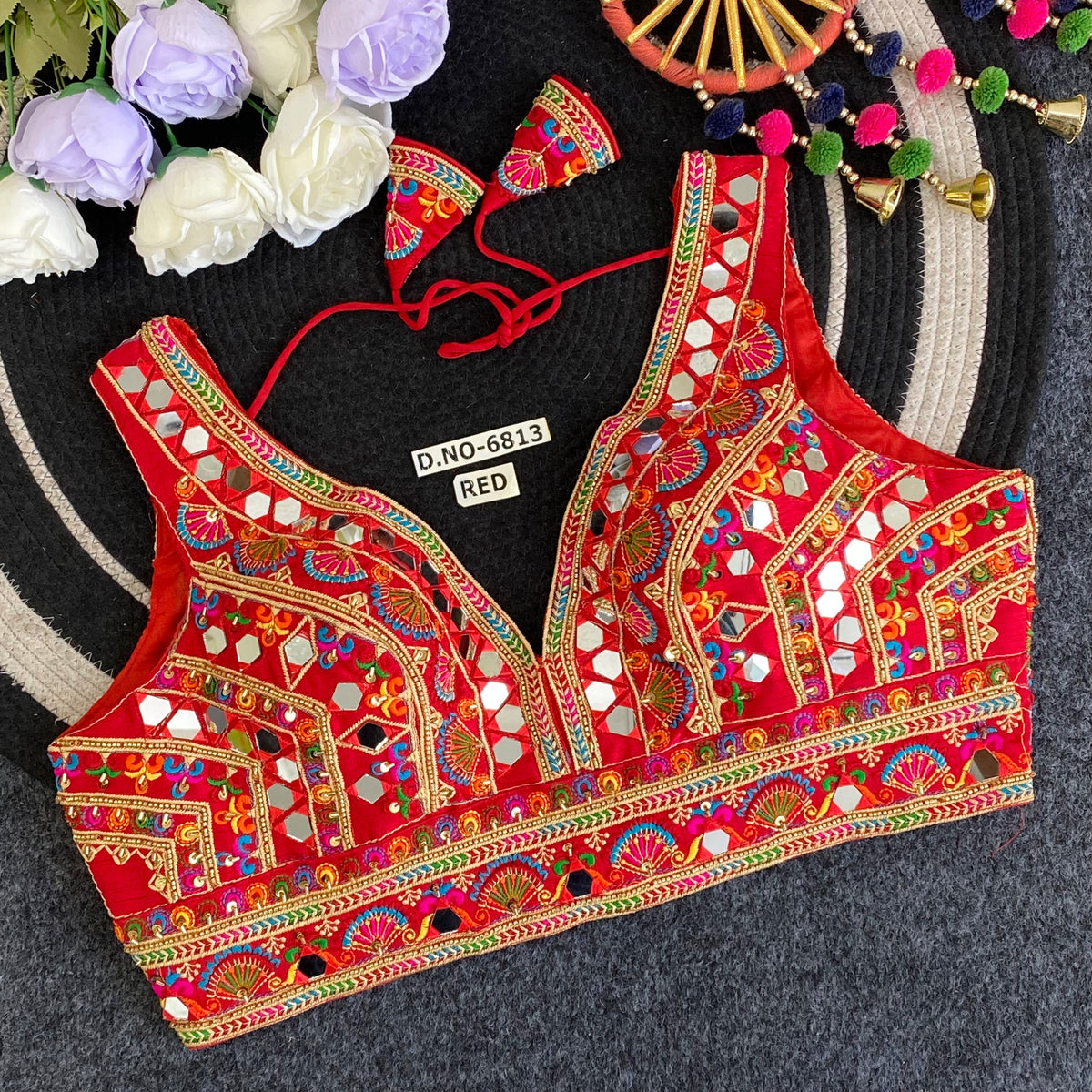 Navratri Mirror Work Convertible Sleeve Blouse - Des- 6813 – Wine – view 11