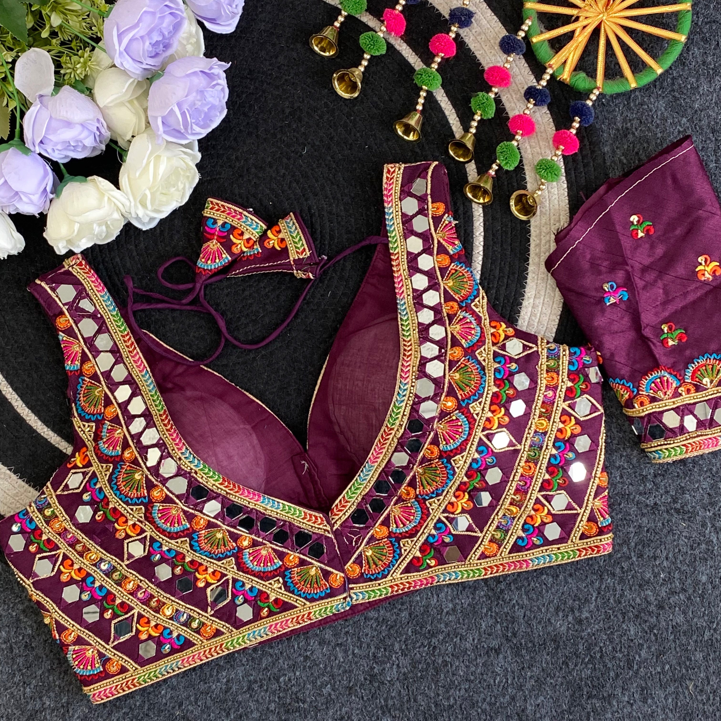 Navratri Mirror Work Convertible Sleeve Blouse - Des- 6813 – Maroon – view 2