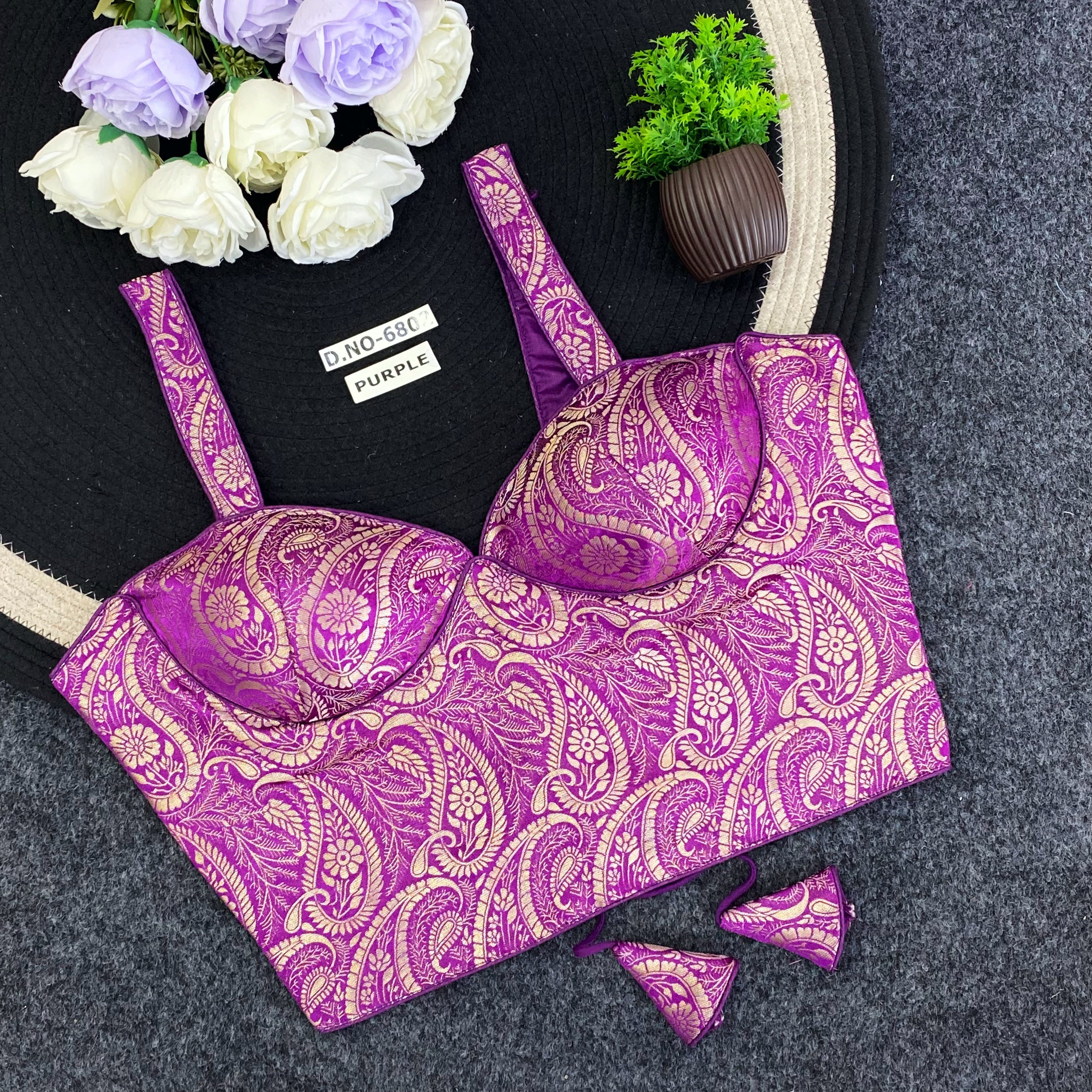 Navratri Corset Spaghetti Banarasi Blouse - Des- 6802 – Mehndi – view 5