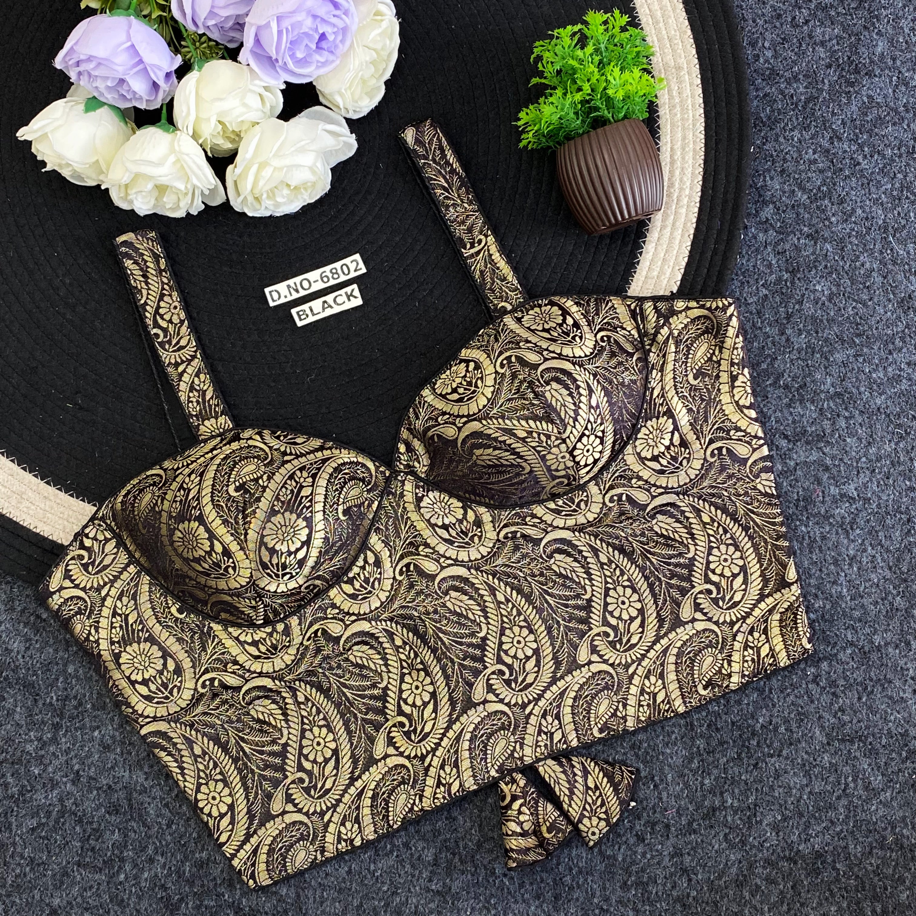 Navratri Corset Spaghetti Banarasi Blouse - Des- 6802 – Wine – view 7