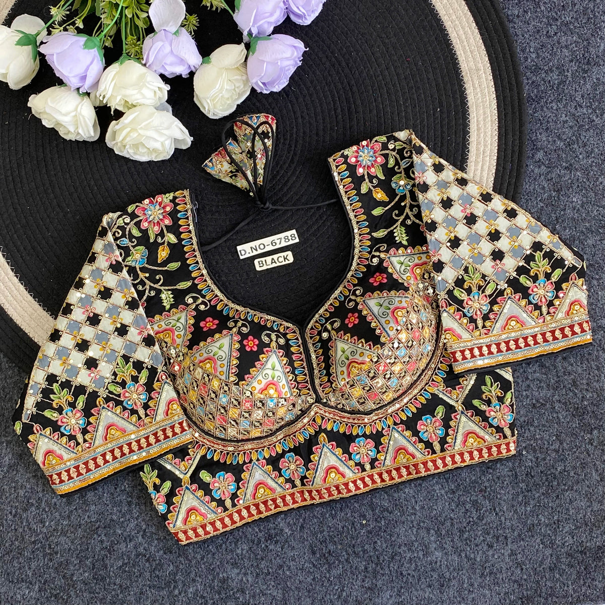 Viscose Crepe Position Print Navratri Blouse - Des- 6788 – Black – view 1