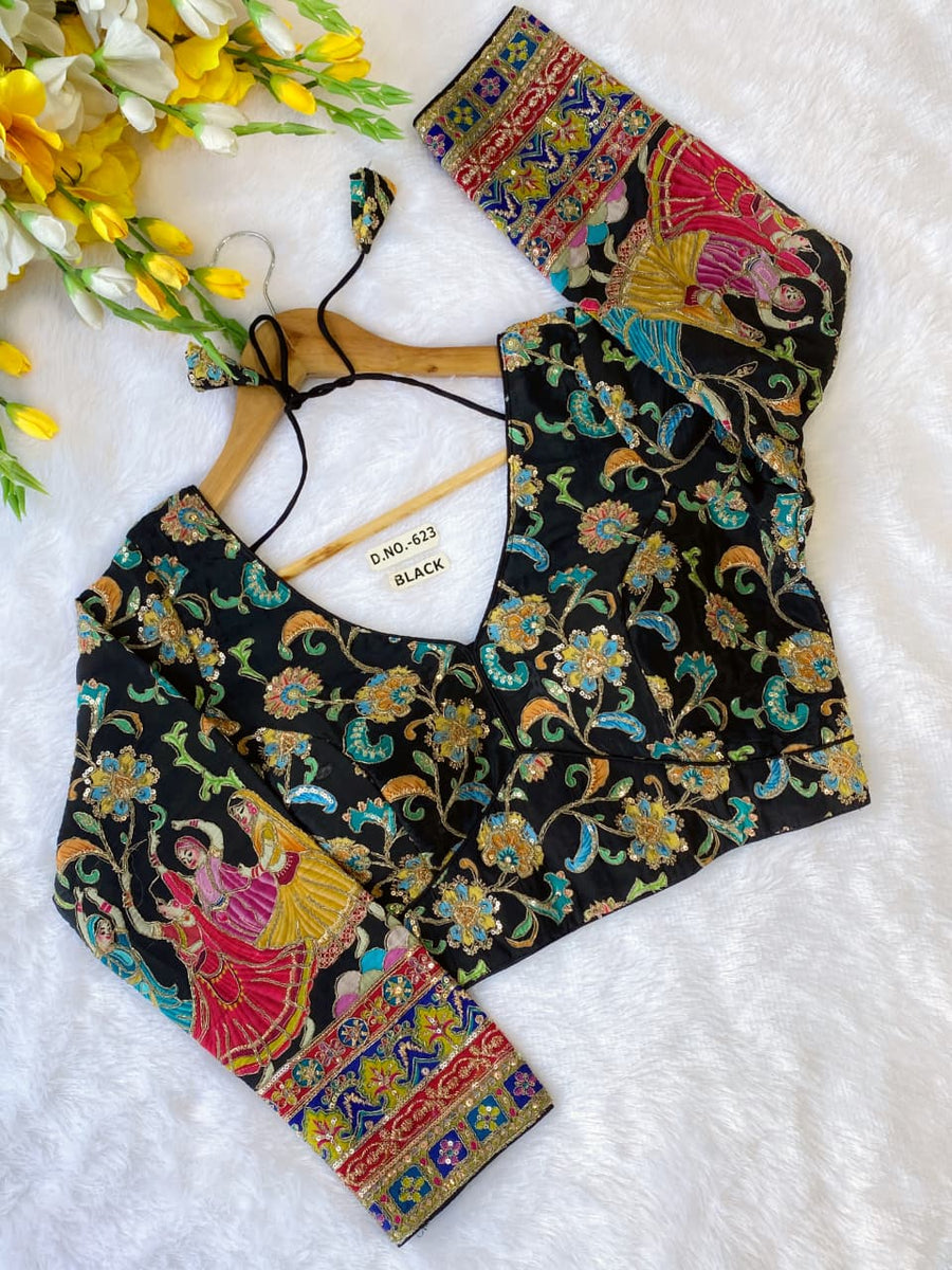 Vastrago Viscose Crepe Pojisan Print Embroidered Blouse Des- 623