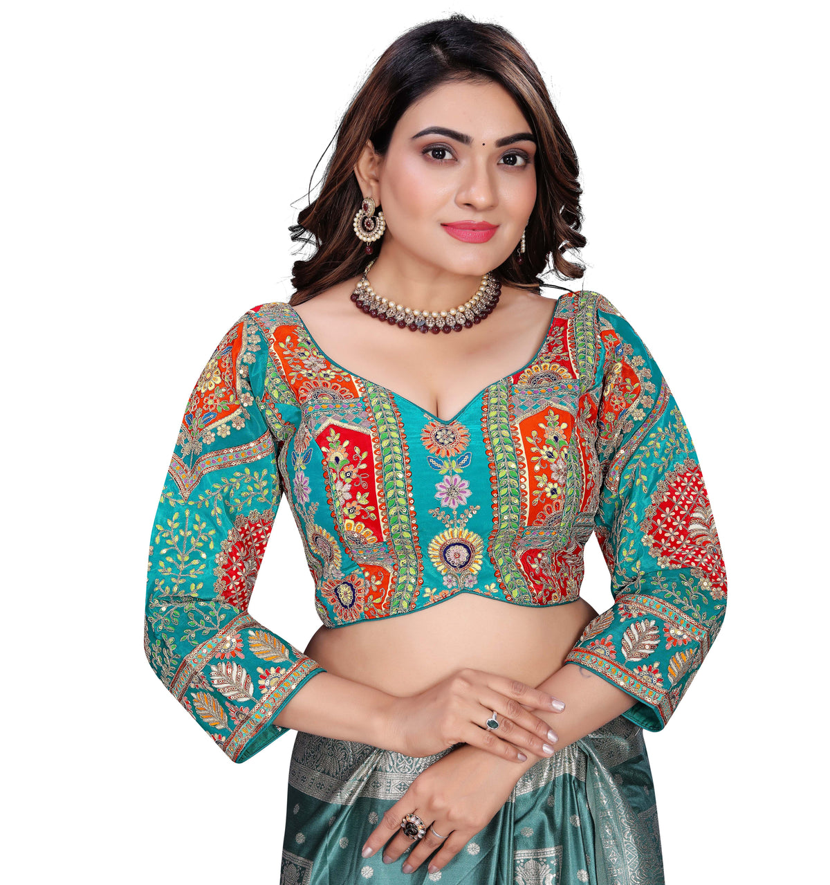 Viscose Crepe Position Printed Blouse | Coding & Sequin Work Sweetheart Neck Designer Blouse - Des- 6319 – Mehndi Dust Tone – view 9