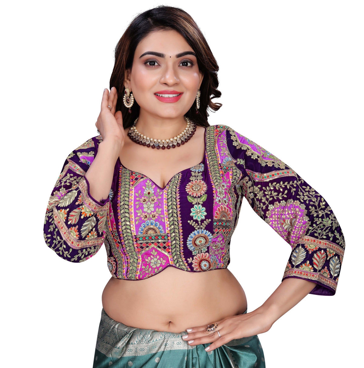Viscose Crepe Position Printed Blouse | Coding & Sequin Work Sweetheart Neck Designer Blouse - Des- 6319 – Peacock – view 15