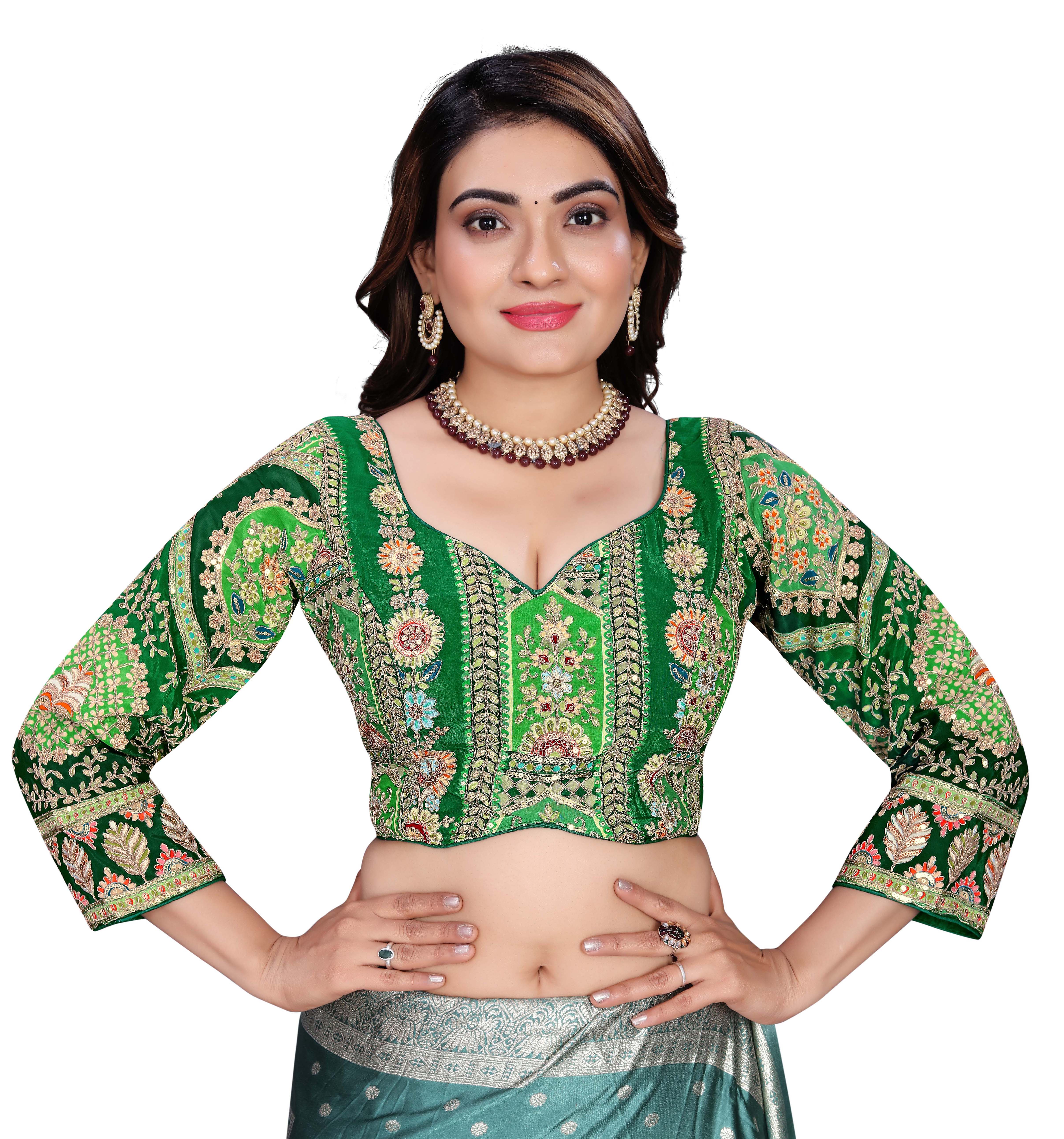 Viscose Crepe Position Printed Blouse | Coding & Sequin Work Sweetheart Neck Designer Blouse - Des- 6319 – Off White – view 11