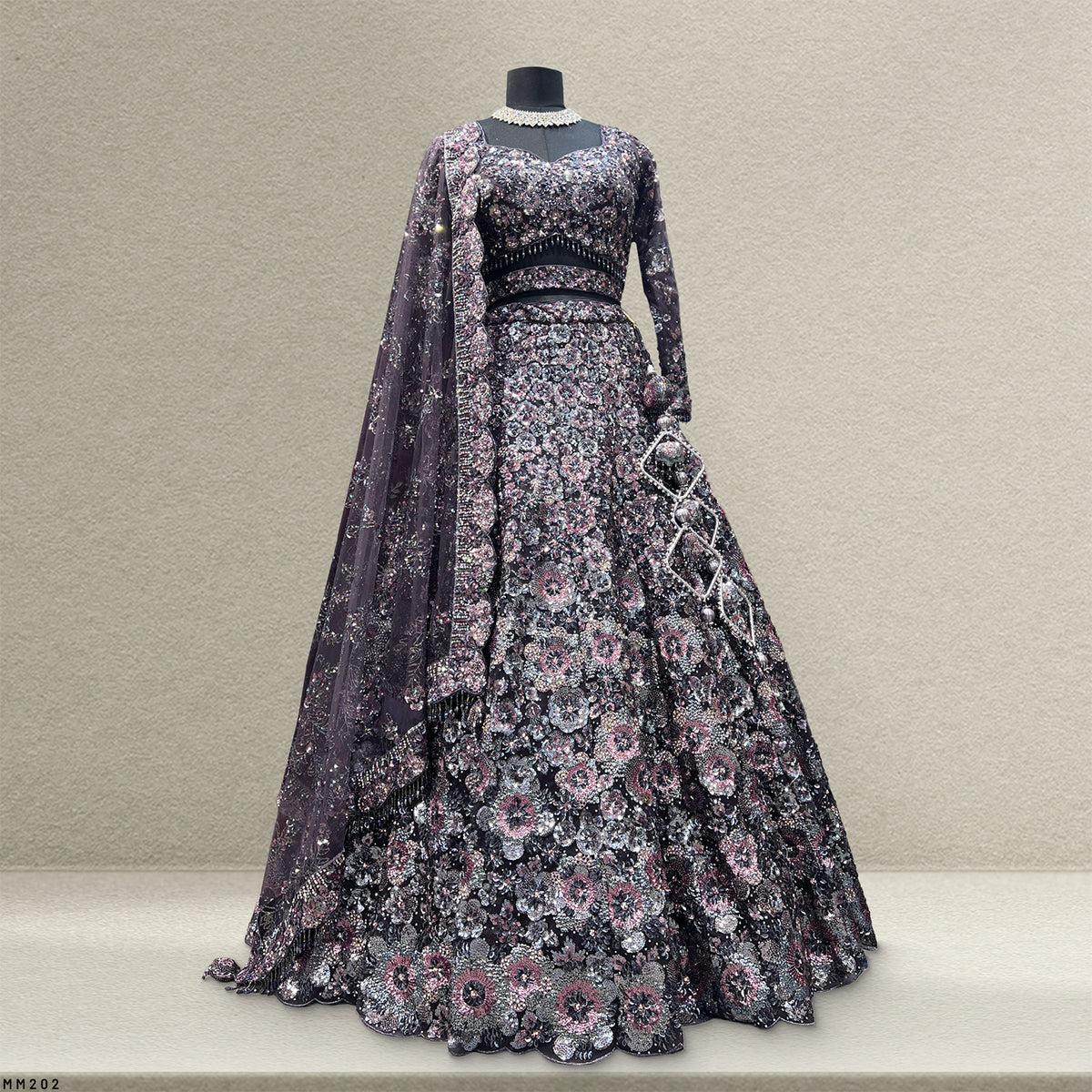 The Gulmohar Collection: Gold Lehenga Ensemble - Wine - view 3