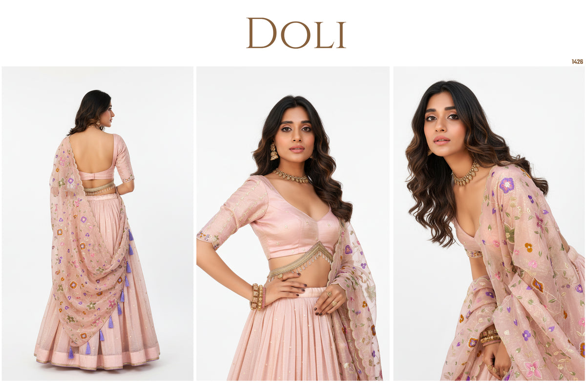 The Amber Fort Heirloom: Pink & Peach Silk Lehenga Ensemble I – Baby Pink and Peach – view 2