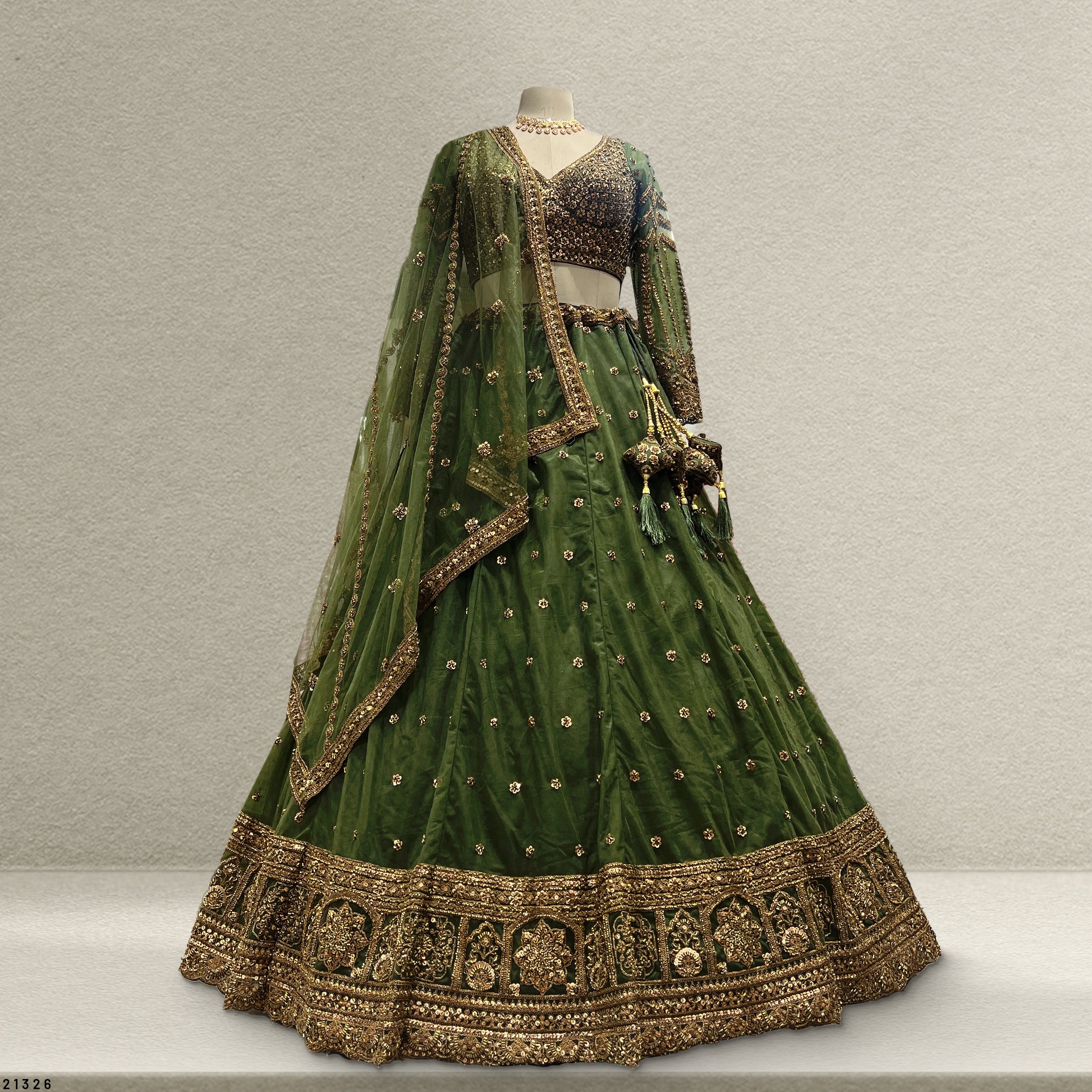 The Mewar Heritage Collection: Green Net Lehenga Ensemble – Green – view 1