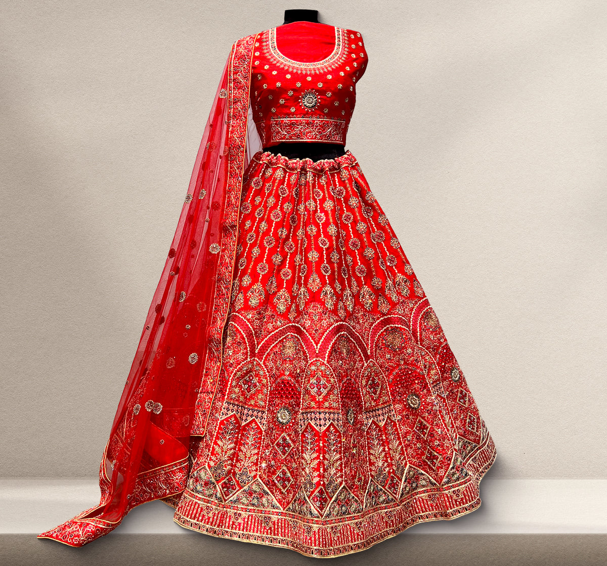 The Ananda Darbar: Red Heritage Lehenga Ensemble – Red – view 1