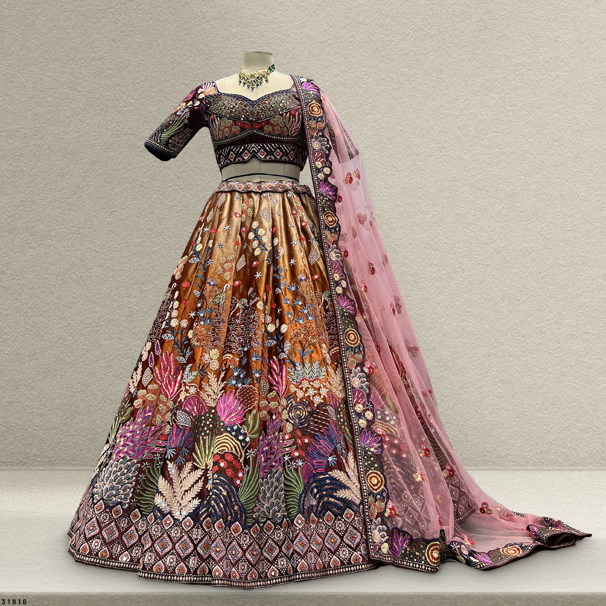 The Aarohi Edit: Plush Velvet Lehenga Ensemble – Multi Colour – view 1